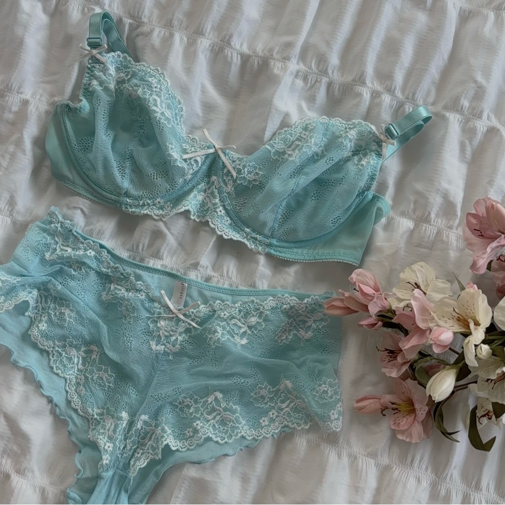 Sz_Bra 36D Panty L Mesh Floral Lace Up Bra&Panty Set